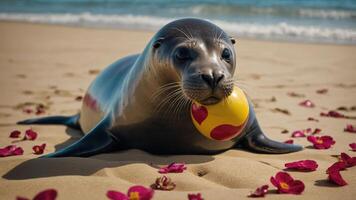 A playful seal resting on the beach with a ball and surrounded by flower petals. photo