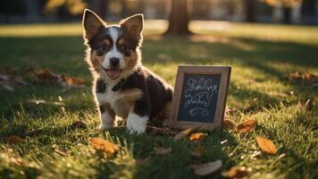 A playful puppy sits on grass next to a small chalkboard sign. photo