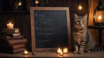 A cozy scene featuring a cat beside a chalkboard and candles, creating a warm atmosphere. photo