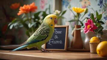 A vibrant parakeet perched on a table surrounded by flowers and decorative items. photo