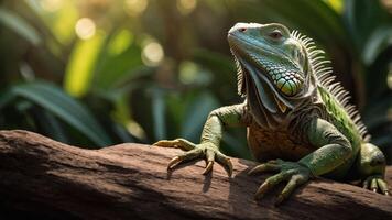 A vibrant iguana perched on a log, surrounded by lush greenery and soft sunlight. photo