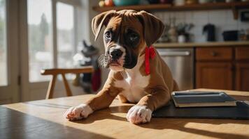 A playful puppy rests on a kitchen table, showcasing its curious expression and vibrant collar. photo