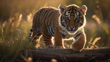A young tiger walking on a log in a sunlit grassy field. photo