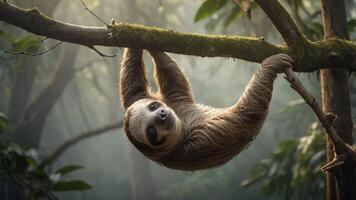 A sloth hanging from a tree branch in a lush, misty forest. photo