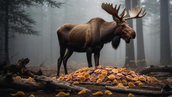 A moose stands near a pile of colorful mushrooms in a misty forest. photo