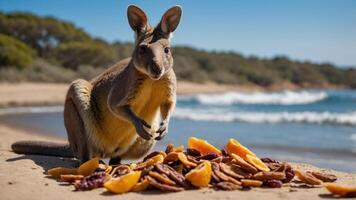 A kangaroo on a beach with dried fruits scattered in front of it. photo