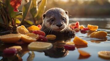 A playful otter surrounded by colorful fruits in a serene water setting. photo