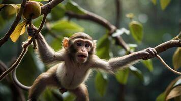 A young monkey hanging from a branch in a lush, green environment. photo