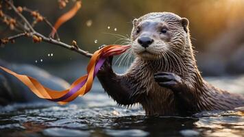 An otter playfully holds colorful ribbons while standing in a serene water setting. photo