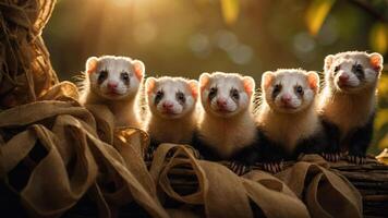 Five playful ferrets posing together in a warm, natural setting. photo
