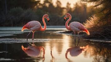 Two flamingos wading in calm water during sunset, creating beautiful reflections. photo