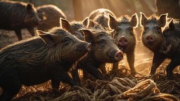 A group of wild pigs gathered in a sunlit, rustic setting among straw. photo