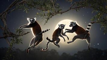 Three lemurs leaping through trees under a full moon, showcasing their playful nature. photo