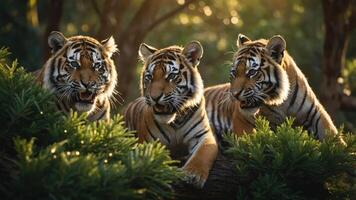 Three tigers resting on a branch, surrounded by lush greenery in a serene environment. photo