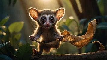 A playful small primate holds a ribbon in a lush, sunlit forest setting. photo