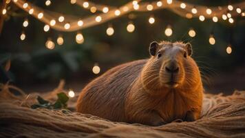 A capybara resting on a bed of straw, illuminated by warm fairy lights in a tranquil setting. photo