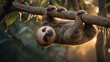 A sloth hanging upside down from a branch in a lush, sunlit environment. photo
