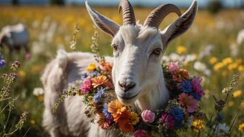 A goat adorned with a floral wreath stands in a vibrant wildflower field. photo