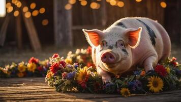 A pig adorned with a floral wreath in a rustic setting, exuding charm and warmth. photo