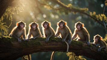 A group of six monkeys sitting on a mossy branch in a forest, illuminated by sunlight. photo