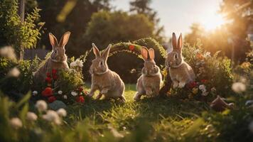 Four rabbits surrounded by flowers in a sunny garden setting. photo