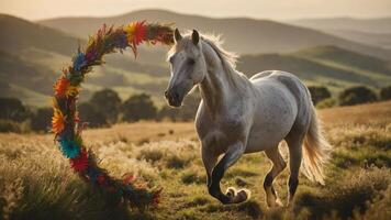 A white horse galloping through a field, framed by a colorful floral arch. photo