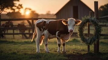 A cow stands in a pasture at sunset near a barn, creating a serene rural scene. photo