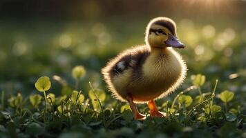 A cute duckling standing on green grass, illuminated by soft sunlight. photo
