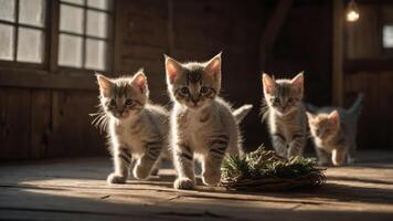 Four playful kittens exploring a rustic indoor space with soft lighting. photo