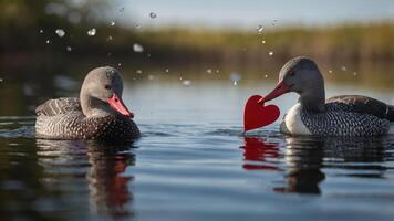 Two ducks in a serene water setting, playfully interacting with a heart symbol. photo