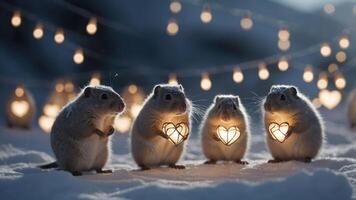 Four small animals holding heart-shaped lights in a snowy setting with decorative lights. photo