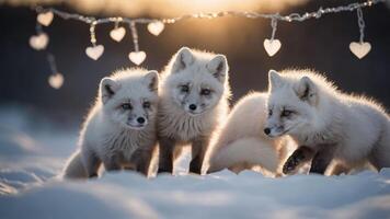 Three playful arctic foxes in a snowy landscape with heart-shaped decorations. photo