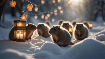A serene winter scene with small animals near a lantern, illuminated by soft lights. photo