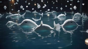 A serene scene of white whales swimming in a tranquil pool, surrounded by floating lanterns. photo