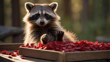 A raccoon playfully sits among red rose petals in a natural setting. photo