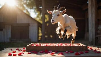 A goat joyfully leaps over a tray filled with rose petals in a rustic setting. photo
