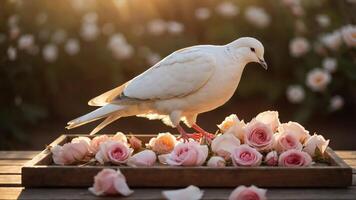 A white dove standing on a tray of pink roses in a sunlit garden. photo
