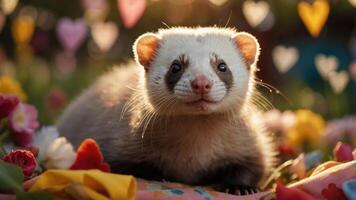 A cute ferret surrounded by colorful flowers and hearts in a serene outdoor setting. photo
