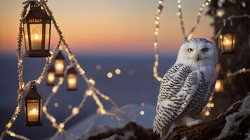 A snowy owl perched near lanterns and fairy lights at sunset, creating a magical atmosphere. photo
