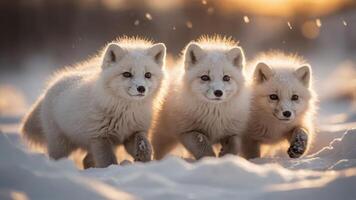 Three Arctic foxes playfully running through the snow at sunset. photo