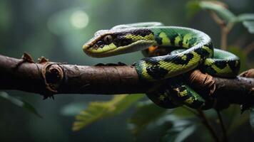 A vibrant green snake resting on a branch in a lush forest setting. photo