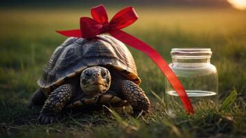 A turtle adorned with a red bow sits beside a glass jar on the grass. photo