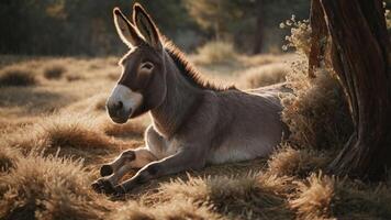 A serene donkey resting in a sunlit field surrounded by dry grass. photo