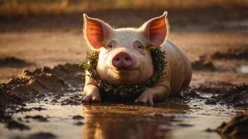 A playful pig lounging in a muddy puddle, adorned with a leafy garland. photo