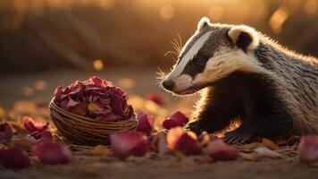 A badger beside a basket of rose petals, illuminated by warm sunlight in a natural setting. photo