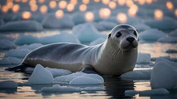 A seal resting on ice in a serene, icy landscape with soft glowing lights in the background. photo