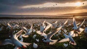A flock of seabirds in flight at sunset near the coast, creating a dynamic natural scene. photo
