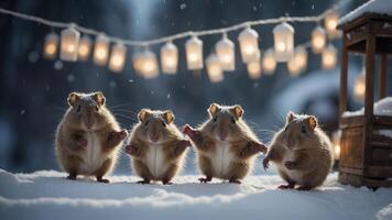 Four hamsters standing in the snow with lanterns in the background, creating a whimsical scene. photo