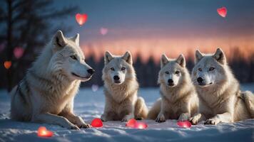 Four wolves sitting in the snow with heart-shaped decorations in a serene landscape. photo