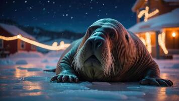 A walrus resting on ice in a snowy, festive environment with warm lights in the background. photo